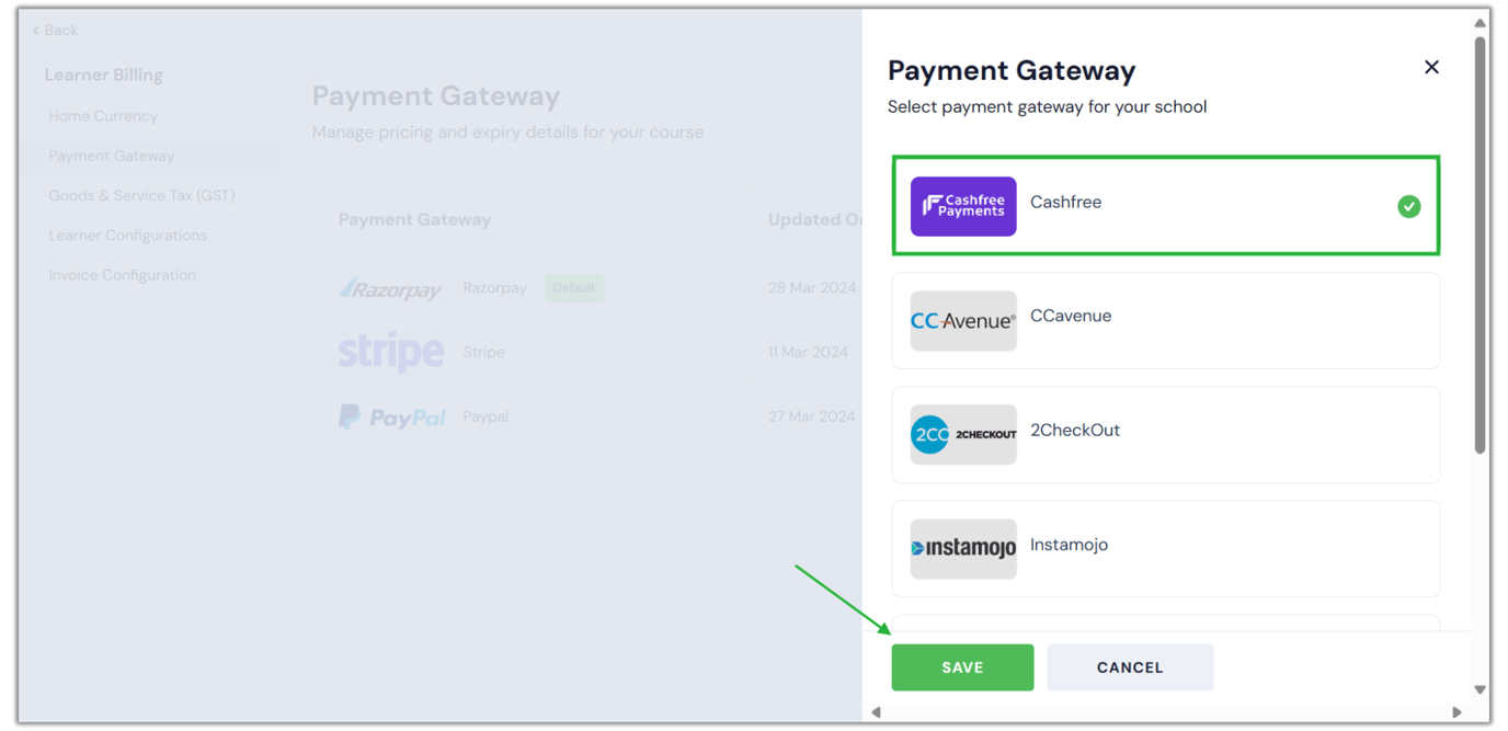 Configure cashfree payment gateway