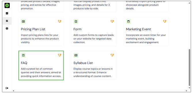 Adding FAQs Widget in Website step 1