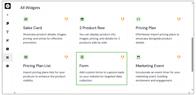 Adding a Forms Widget in the Website step 1