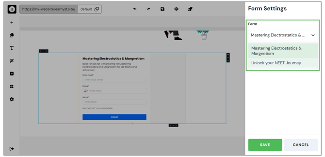 Adding a Forms Widget in the Website step 3