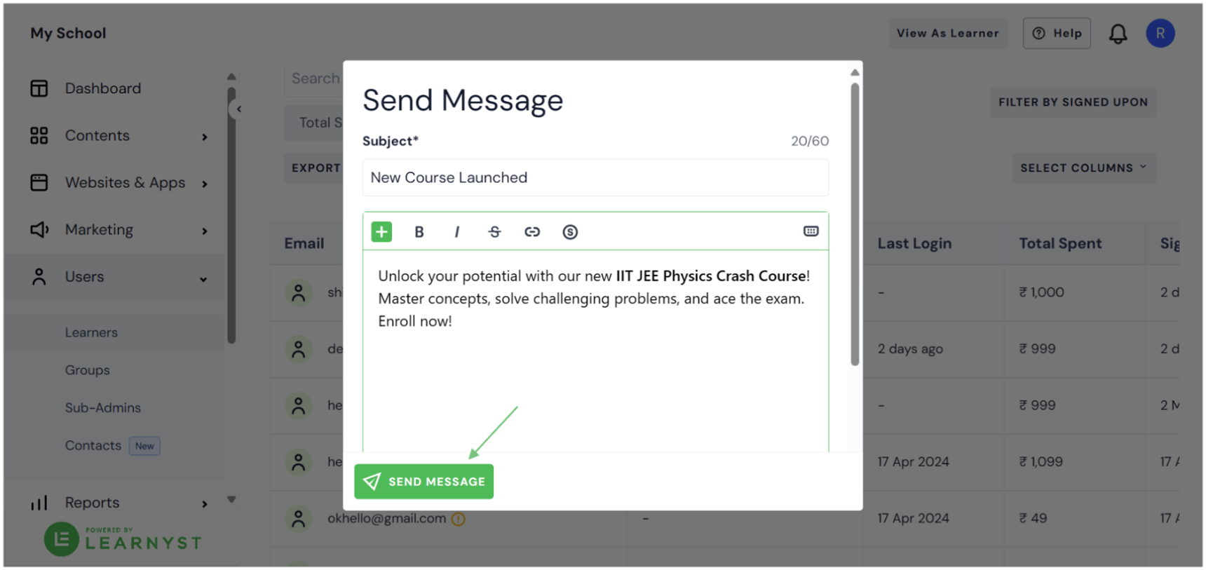 Broadcast messages to Learners