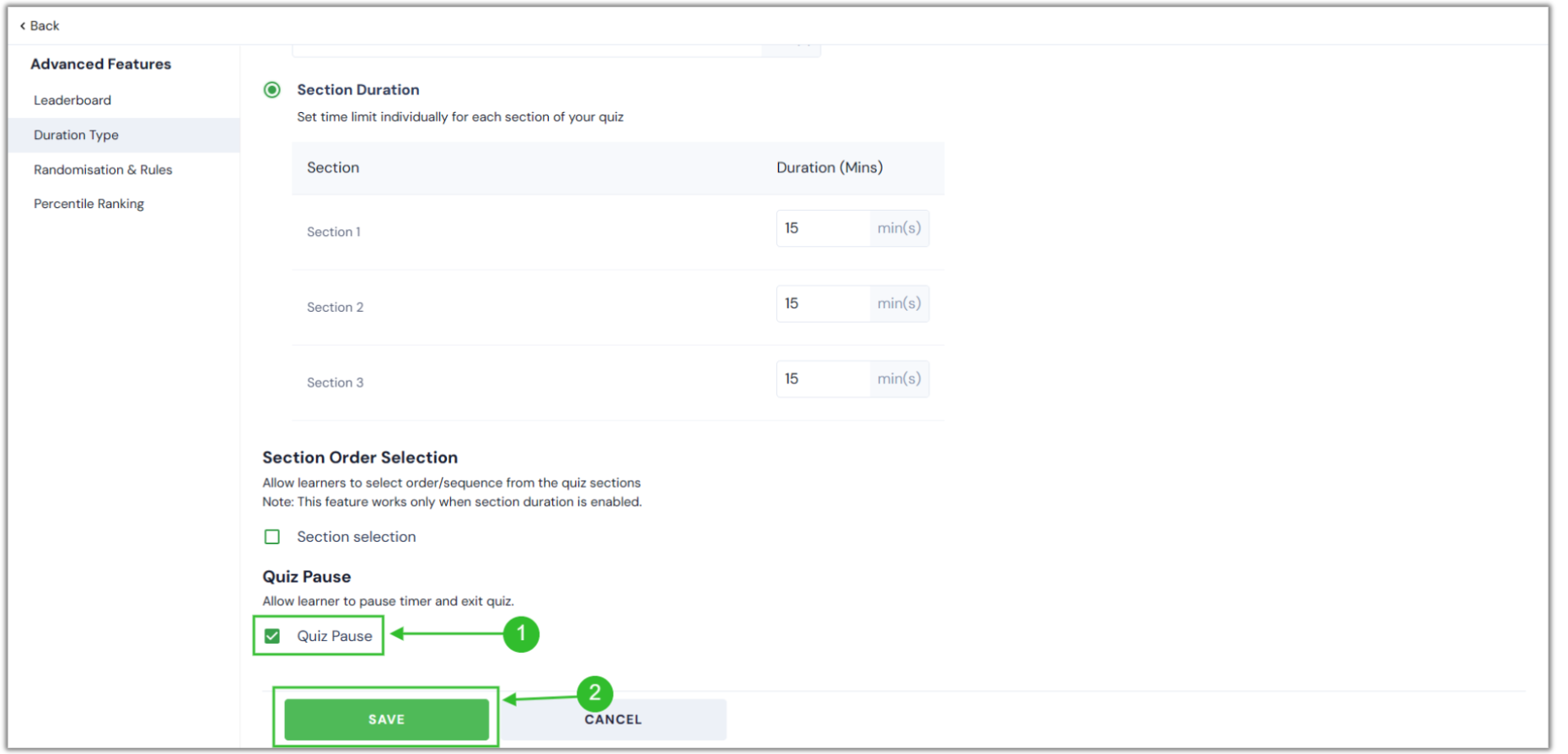 Enable the quiz pause option for your learners