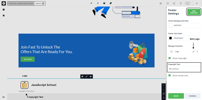Adding a Footer to the Website Page step 6