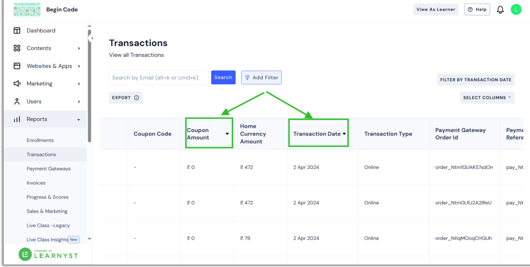 Obtain all the Transactions details